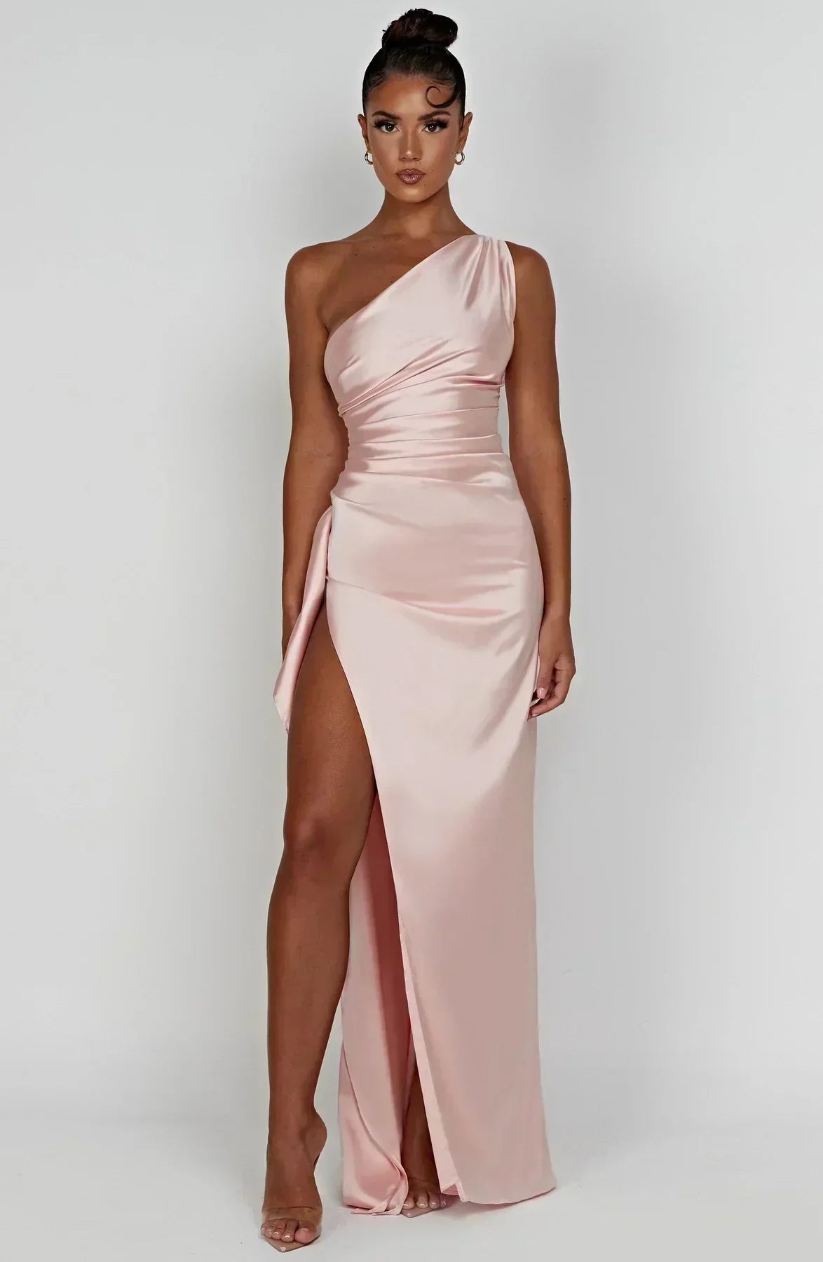 One Shoulder Satin Style Split Occasion Maxi Dress