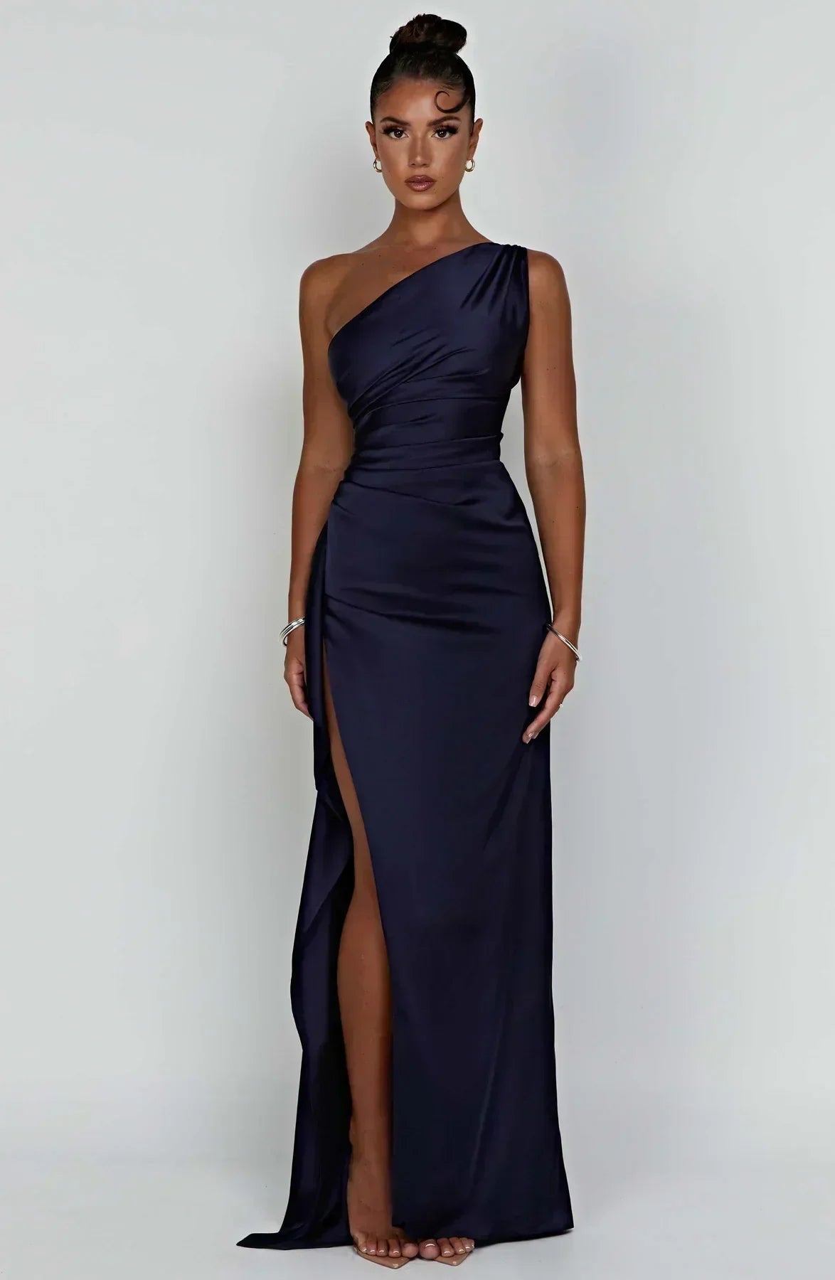 One Shoulder Satin Style Split Occasion Maxi Dress