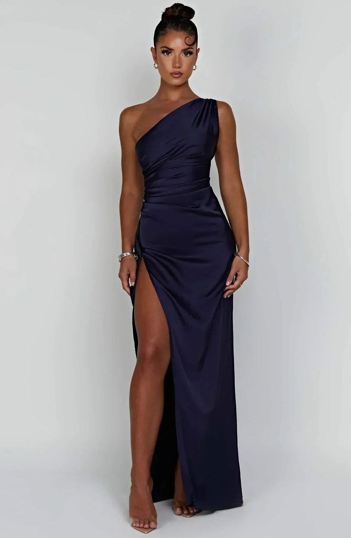 One Shoulder Satin Style Split Occasion Maxi Dress