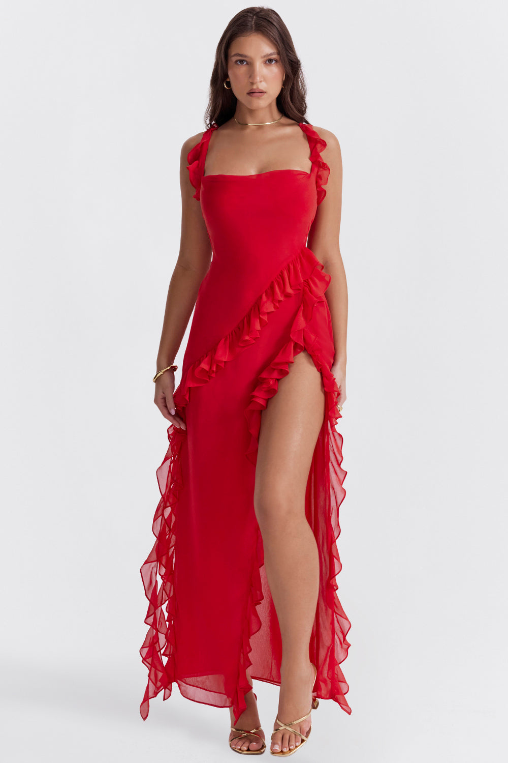 Square Neck Ruffle High Split Occasion Maxi Dress