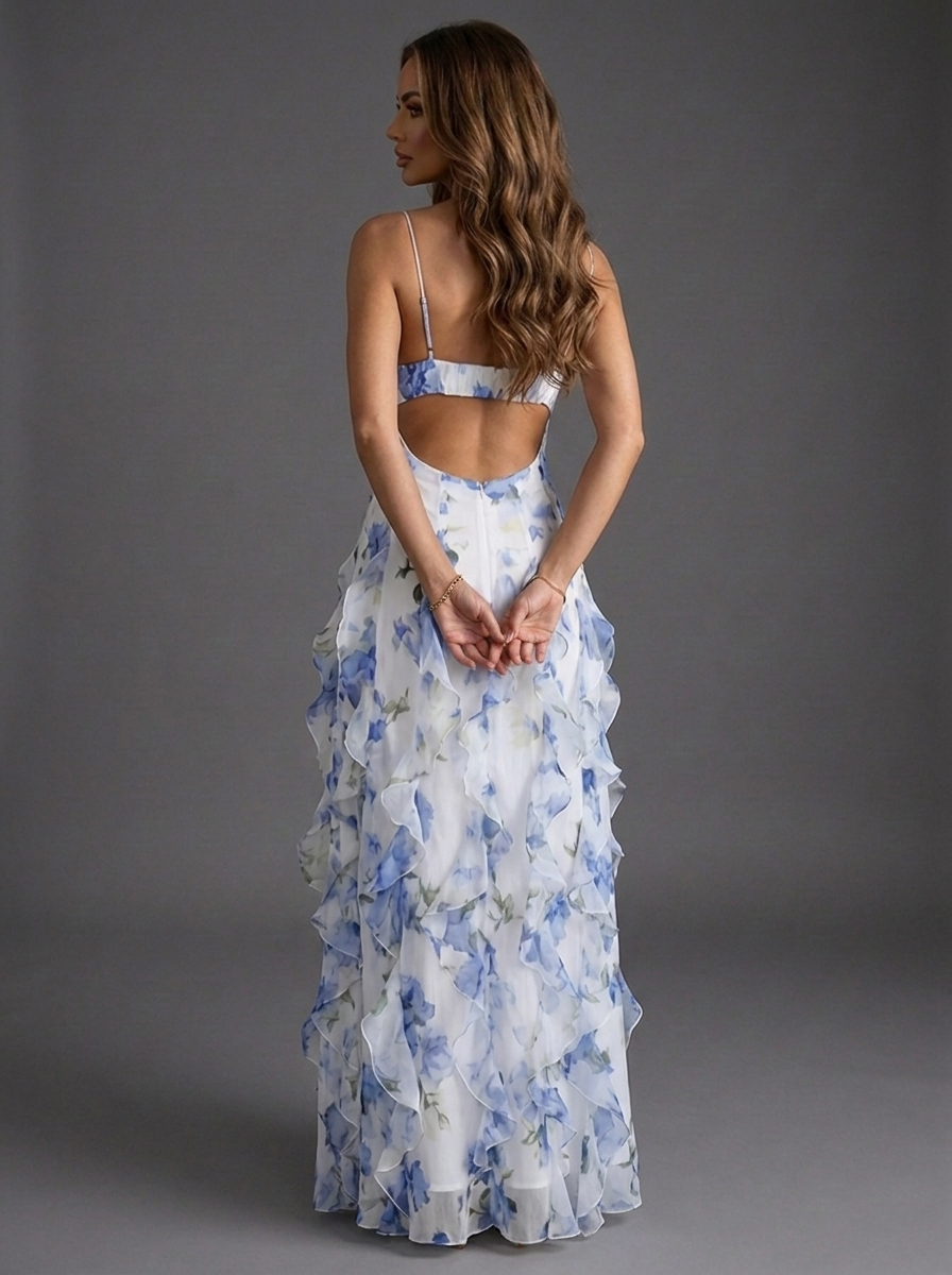 Floral Strappy Ruffle Tiered Occasion Maxi Dress
