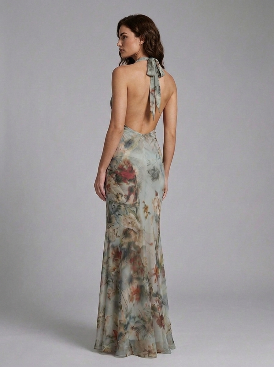 Vintage Floral Plunge Halter Chiffon Style Maxi Dress