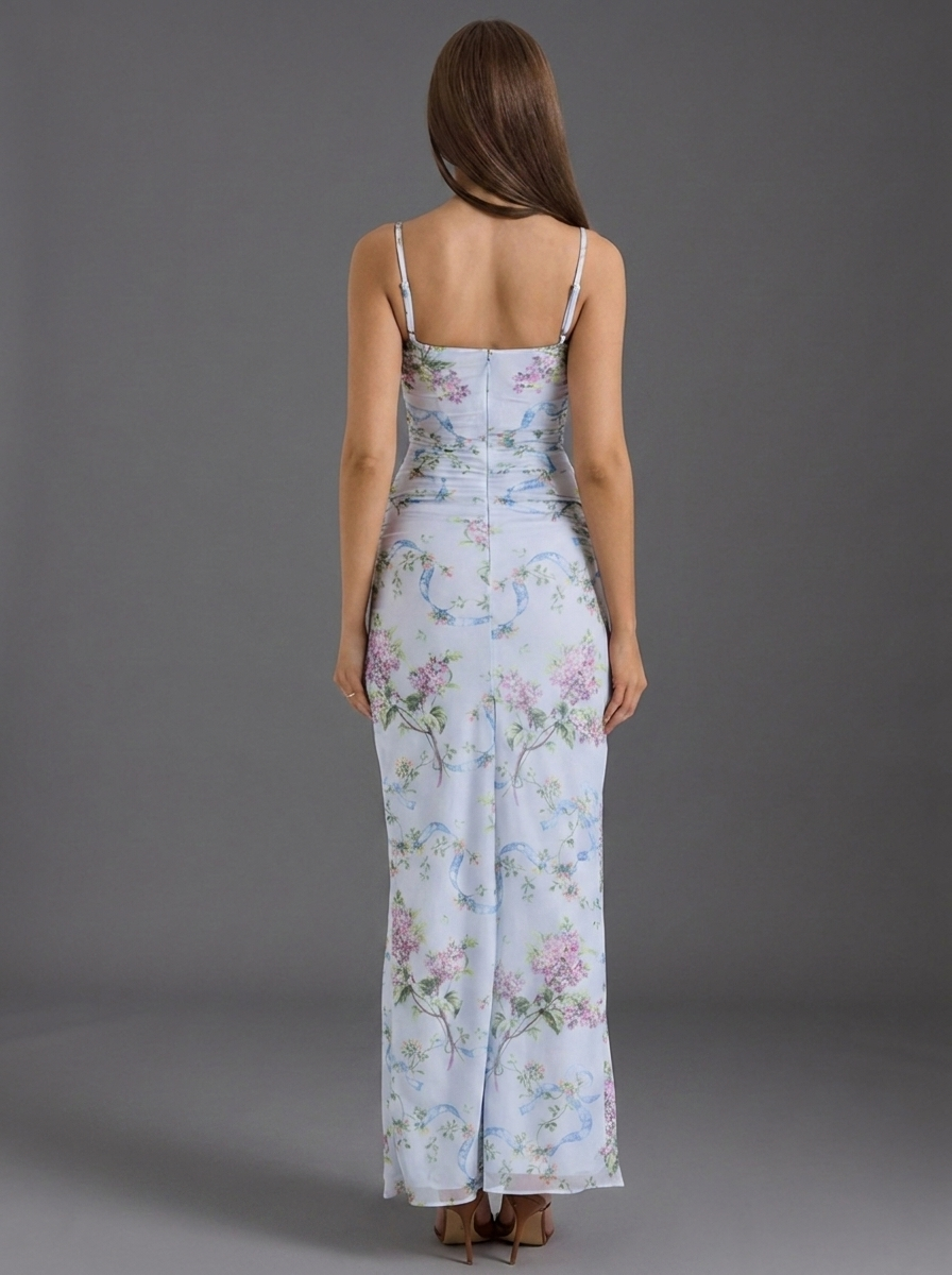 Floral Strappy Ruched High Split Bodycon Maxi Dress