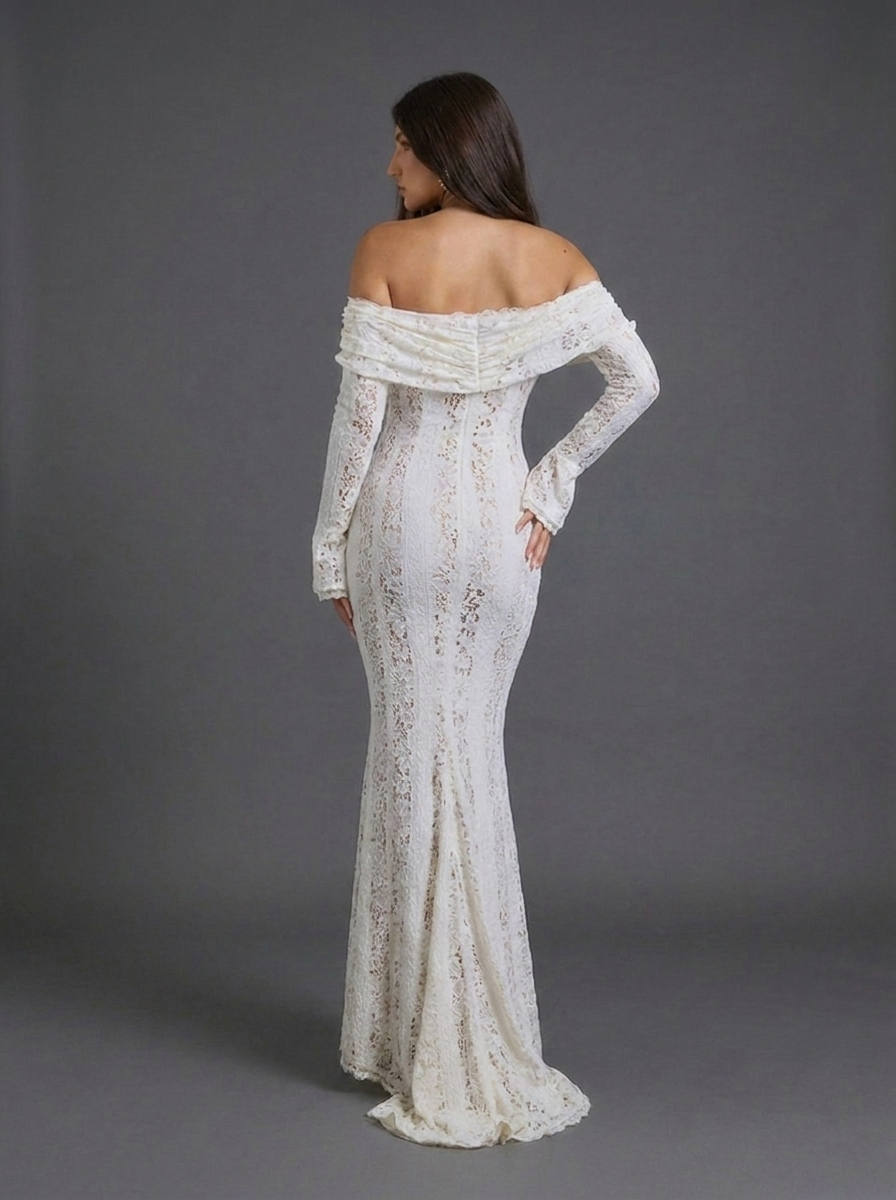 Off Shoulder Long Sleeve Lace Occasion Maxi Dress