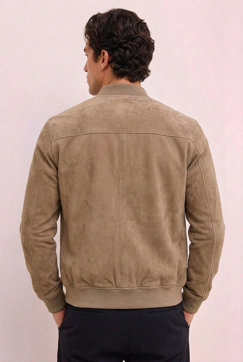 Suede Style Zip Front Ribbed Bomber Jacket Men