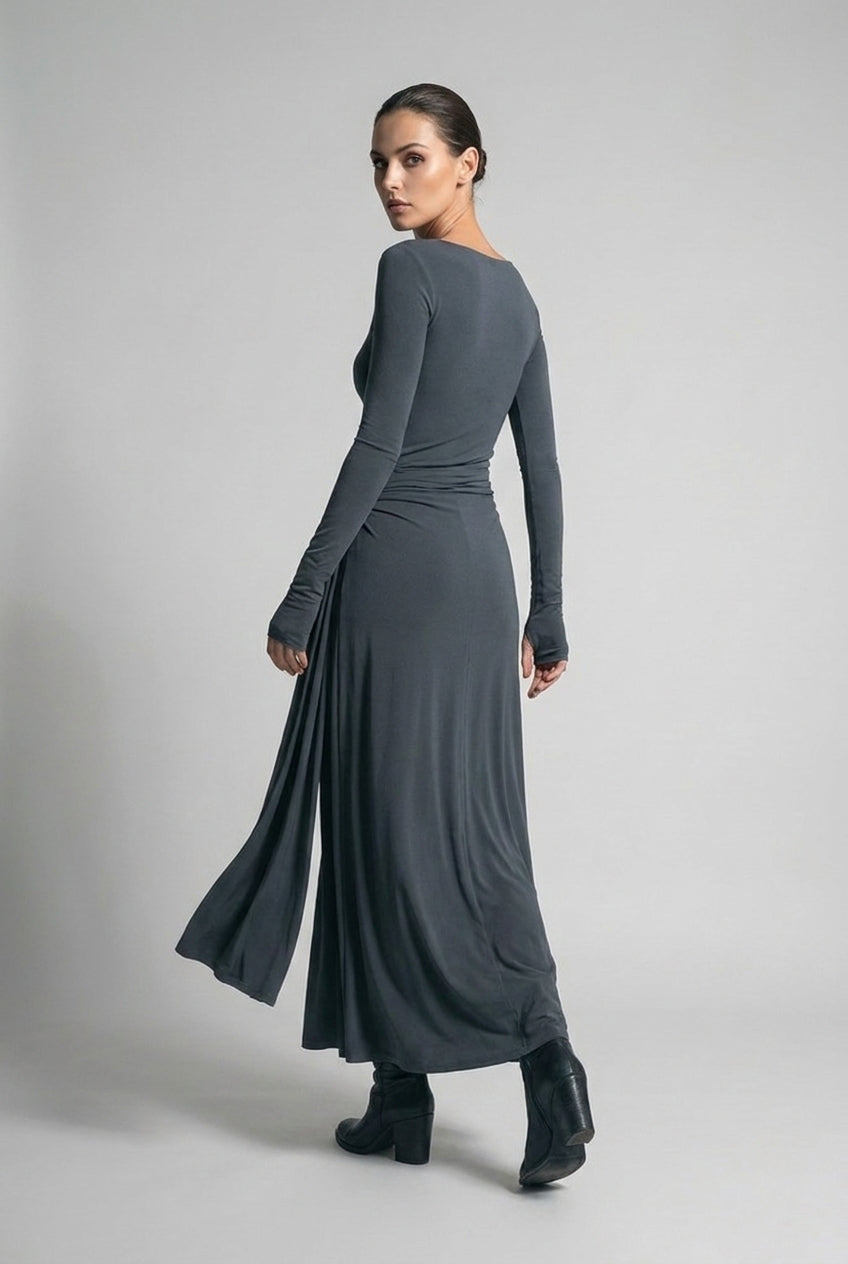 Boat Neck Long Sleeve Twist Front Maxi Occasion Dress