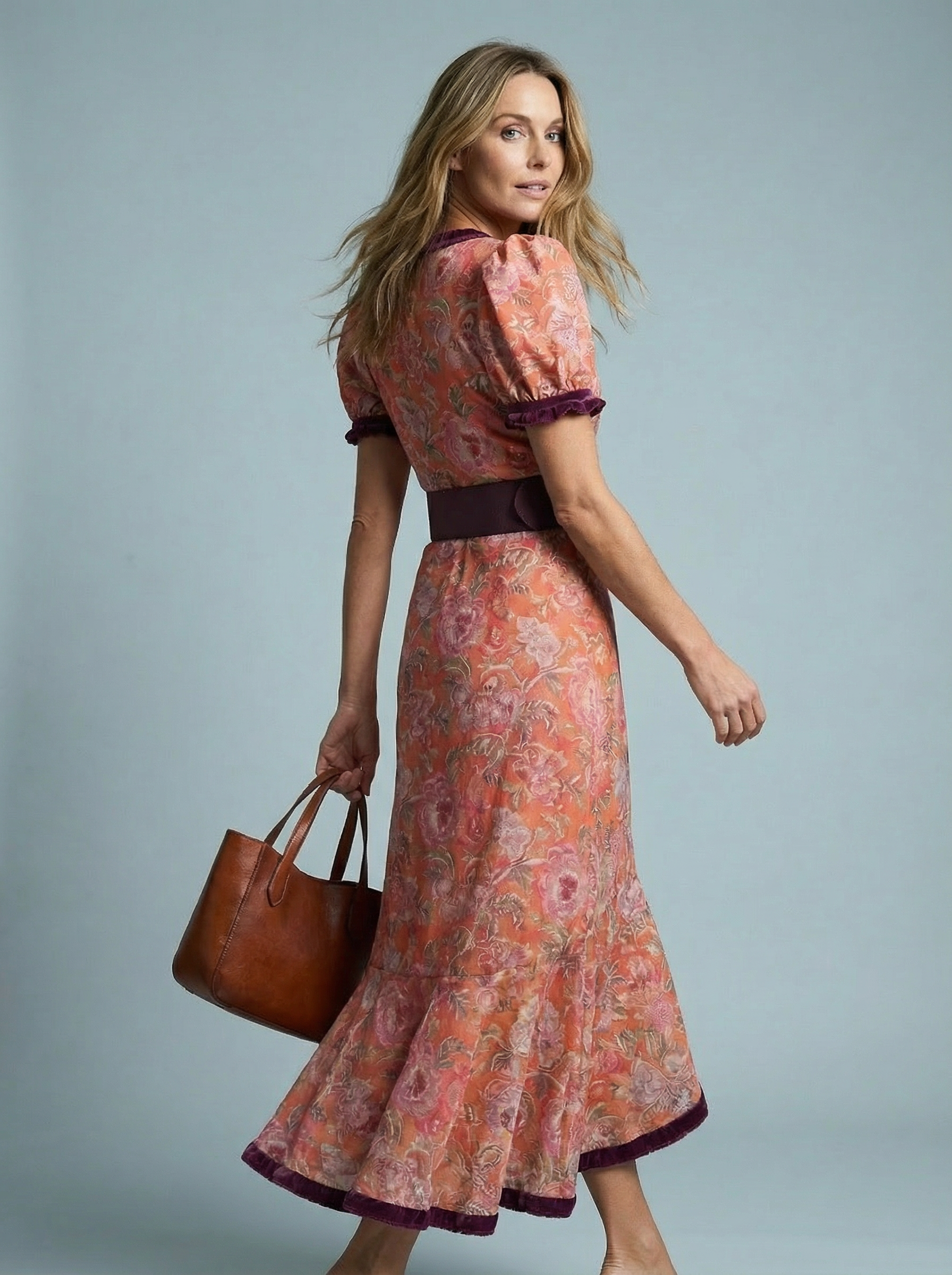 Women’s Belted Elegant Pink A-Line Midi Dress Puff Sleeves