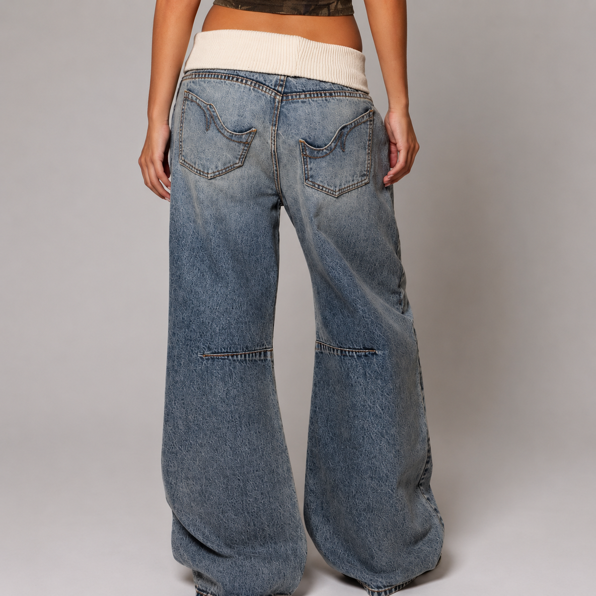 Baggy Wide Leg Jeans Ribbed Waistband Women
