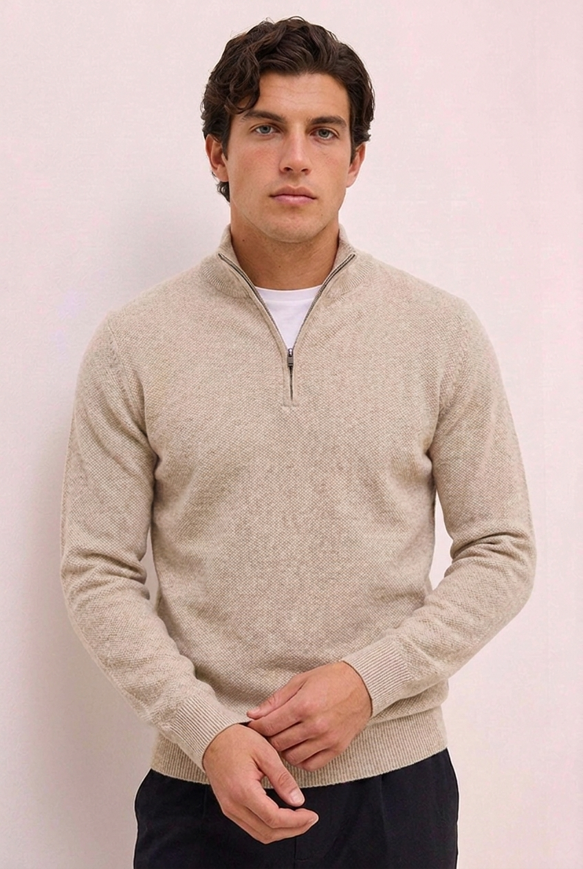 Knit Quarter Zip Ribbed Cuff Jumper Men