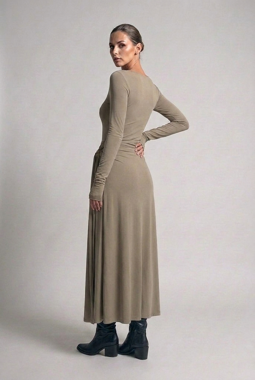 Boat Neck Long Sleeve Twist Front Maxi Occasion Dress