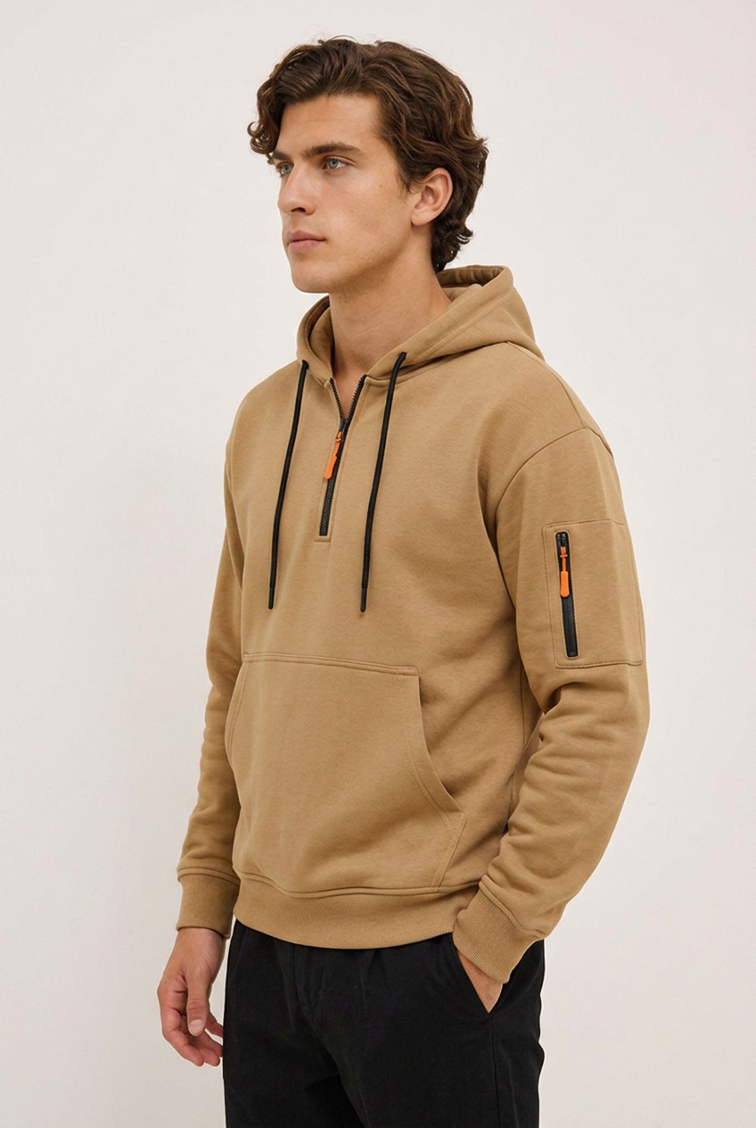Quarter Zip Hooded Sweatshirt With Pocket Men