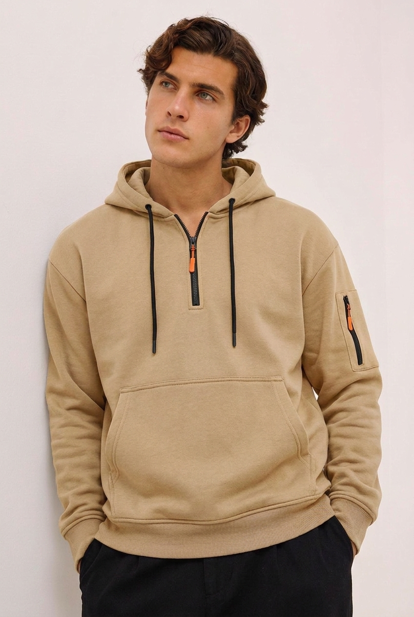 Quarter Zip Hooded Sweatshirt With Pocket Men