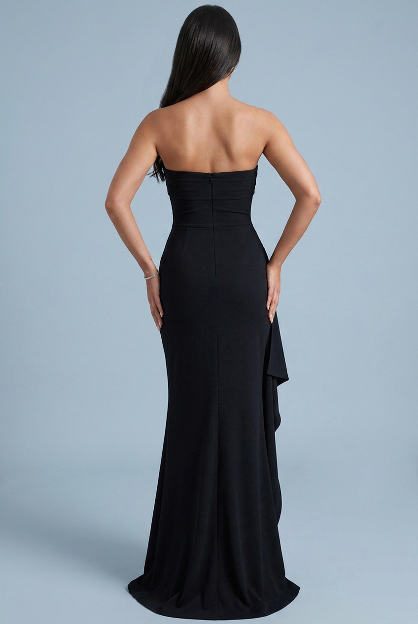 Bodycon Strapless Ruched Split Satin Style Maxi Dress