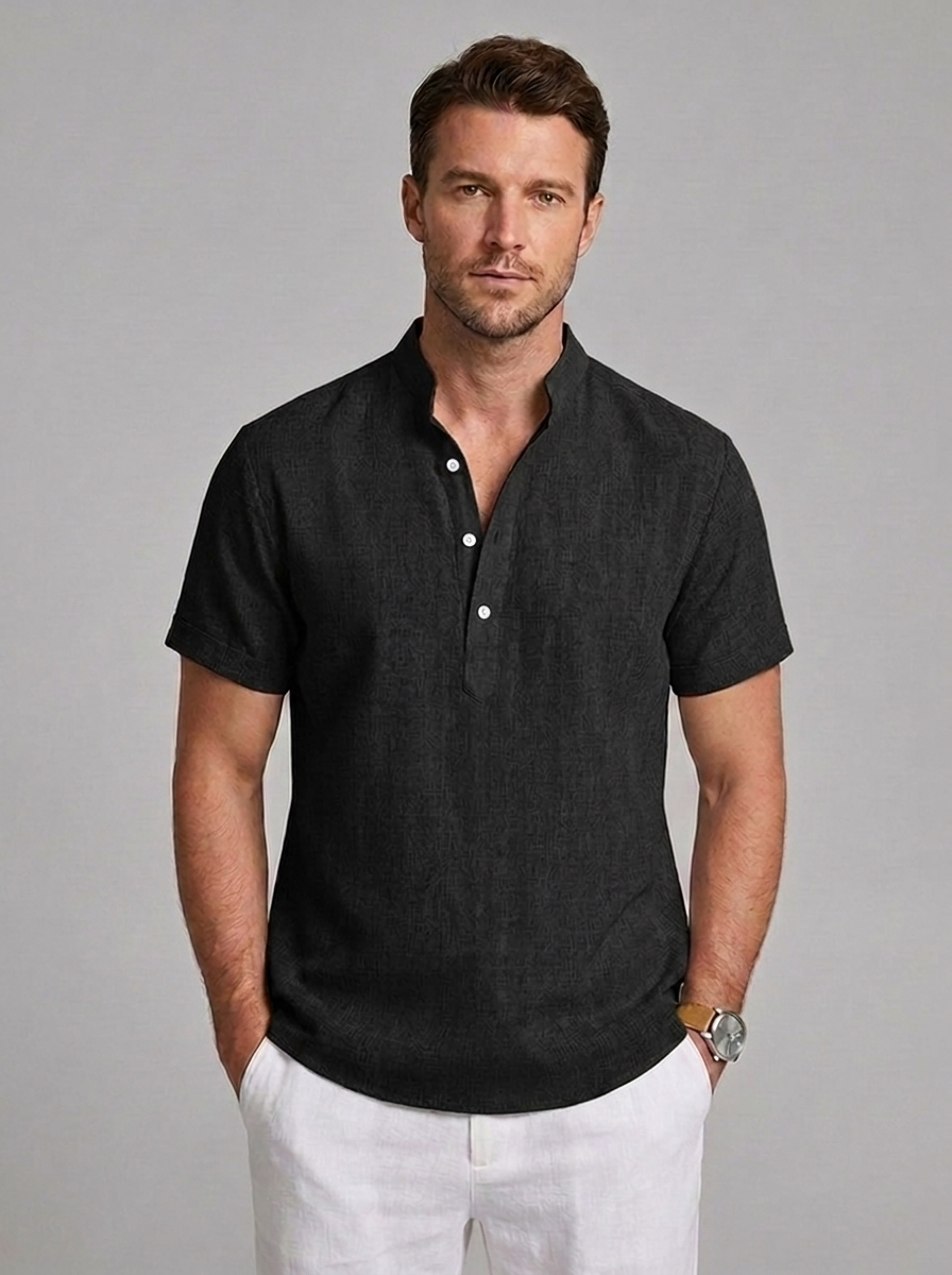 Linen Style Short Sleeve Henley Comfortable Shirt Men