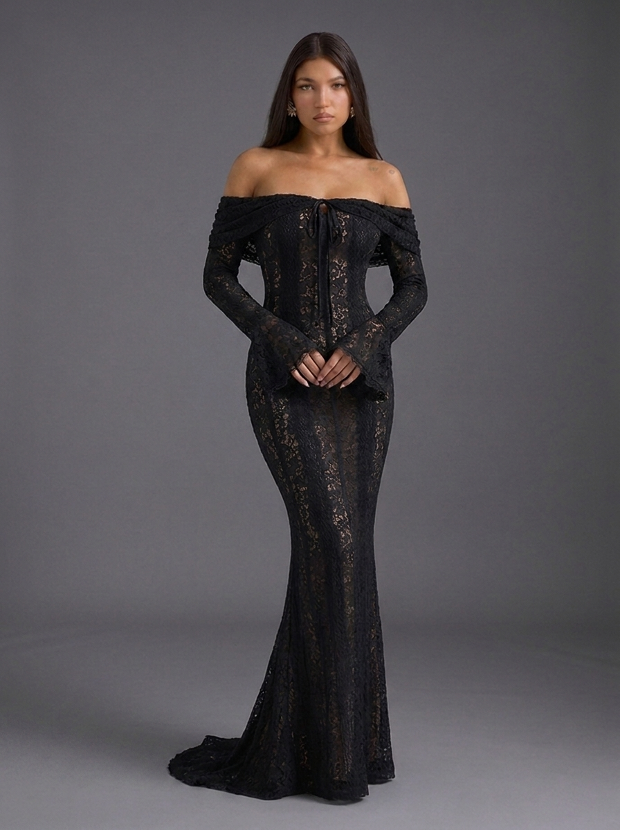Off Shoulder Long Sleeve Lace Occasion Maxi Dress