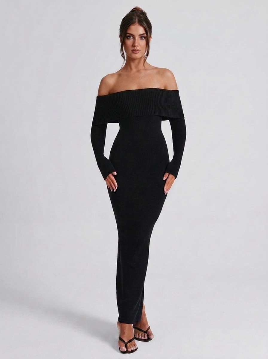 Off Shoulder Knitted Style Long Sleeve Maxi Dress