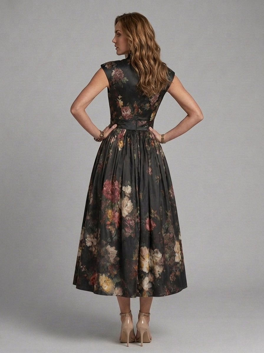 Floral High Neck Pleated Midi Wedding Guest Dress