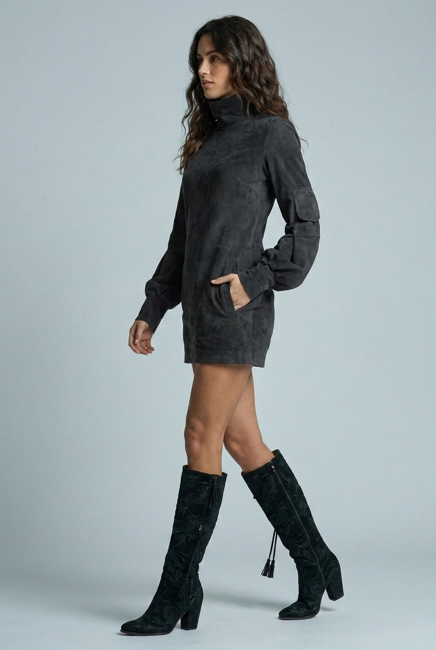 Cargo Mini Dress High Neck Balloon Sleeve