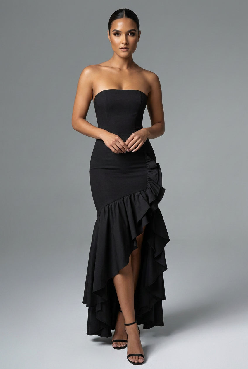 Strapless Bodycon Ruffle Hem Fishtail Maxi Cocktail Dress