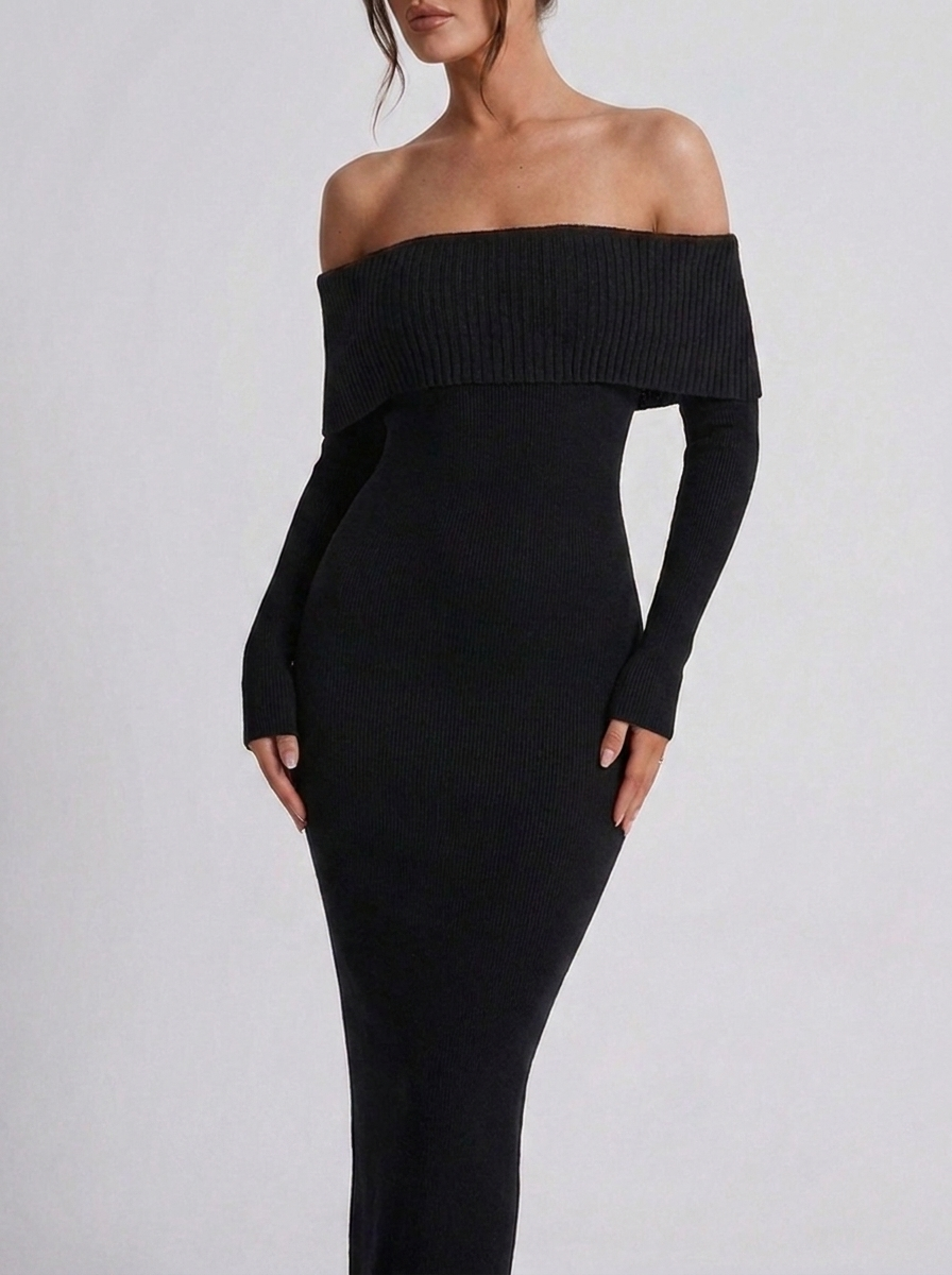 Off Shoulder Knitted Style Long Sleeve Maxi Dress