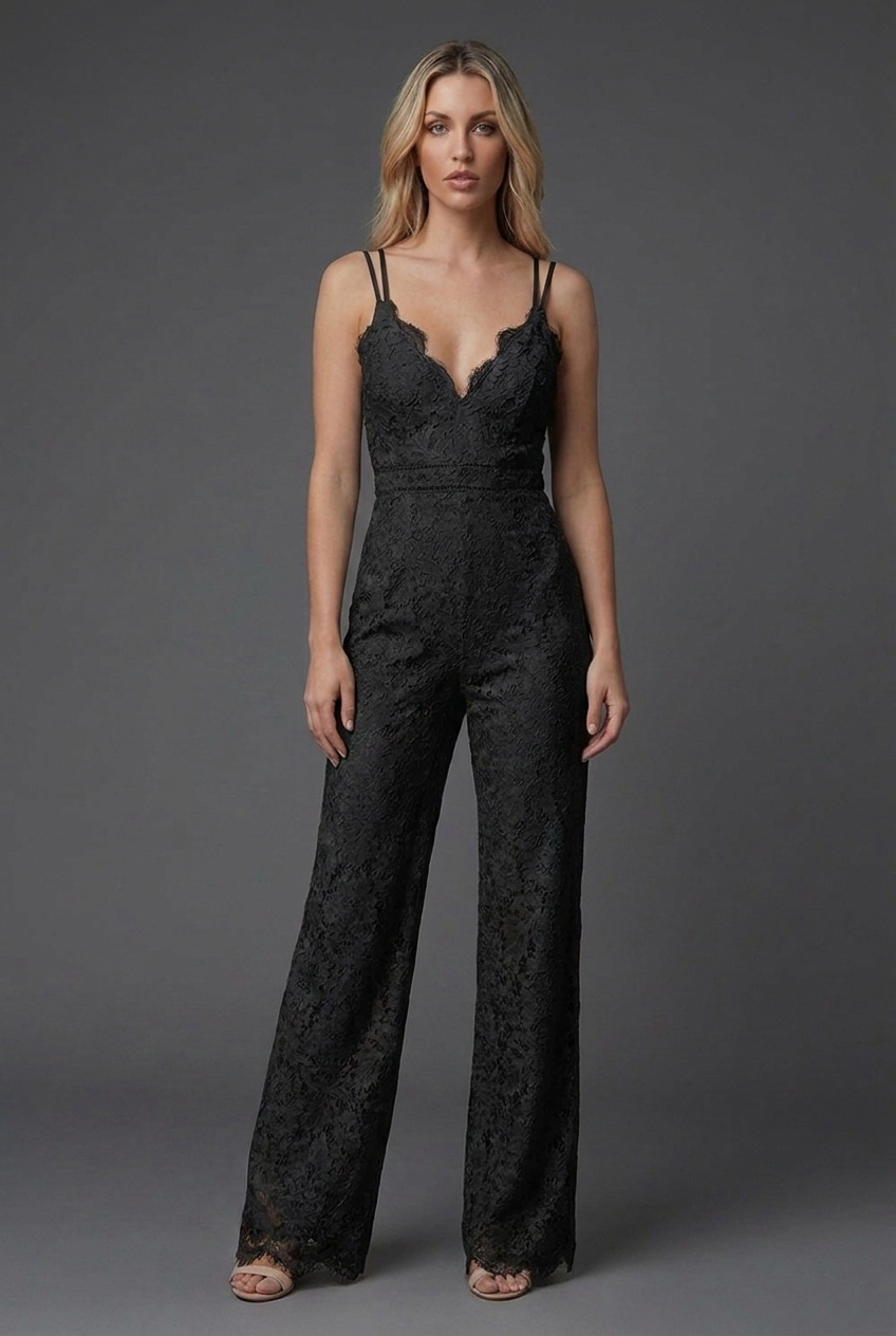 Summer Lace Strappy V Neck Wide Leg Jumpsuit
