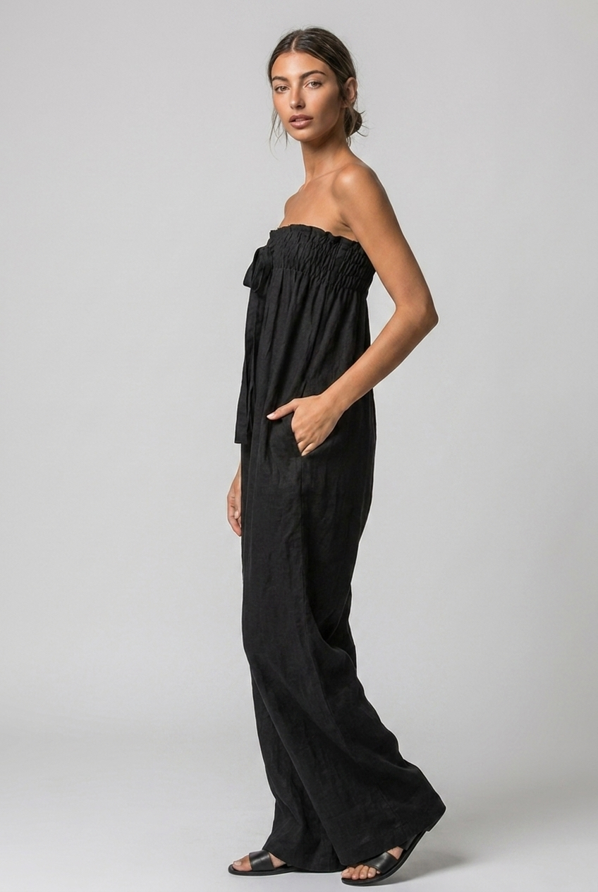 Strapless Bandeau Linen Style Wide Leg Jumpsuit Women