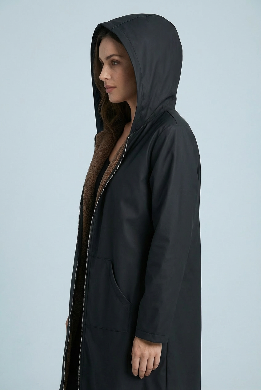 Women’s Elegant Warm Winter Black Plush-Lined Hooded Long Coat