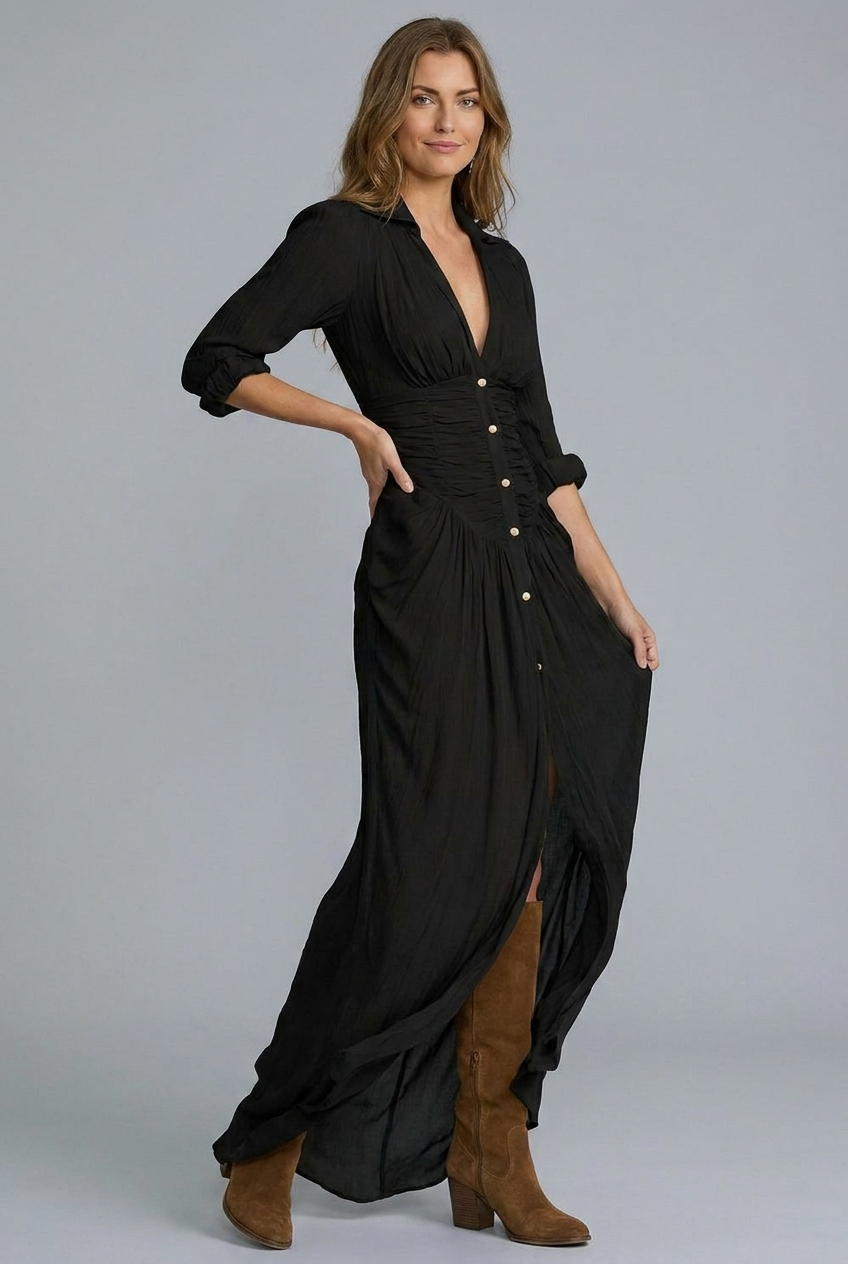Collared Button Down Boho Western Split Maxi Dress