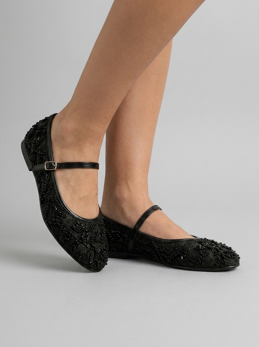 Mesh Mary Jane Embellished Lace Ballet Flats Women