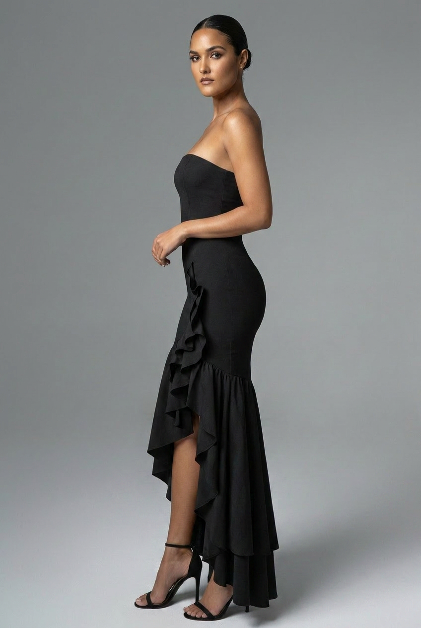 Strapless Bodycon Ruffle Hem Fishtail Maxi Cocktail Dress