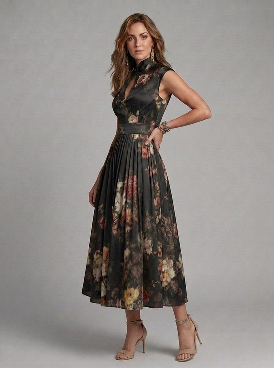 Floral High Neck Pleated Midi Wedding Guest Dress