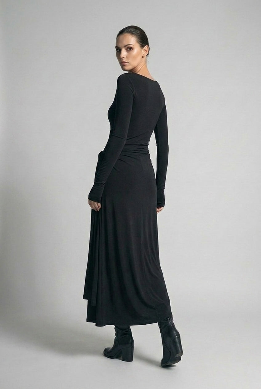 Boat Neck Long Sleeve Twist Front Maxi Occasion Dress