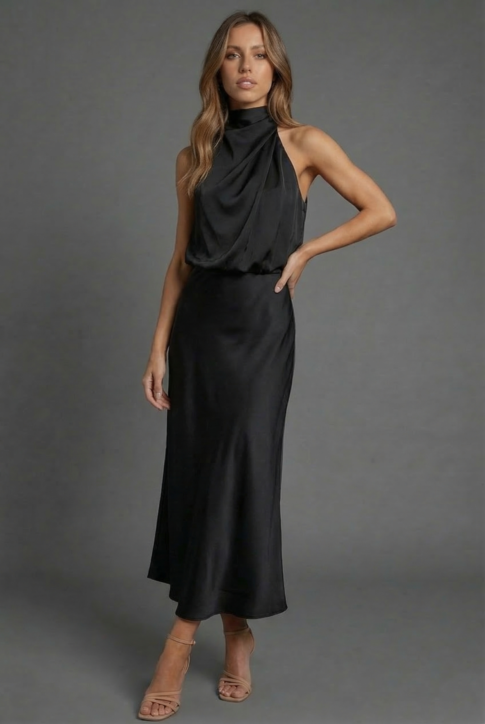 Halterneck Satin Style Wedding Guest Midi Dress