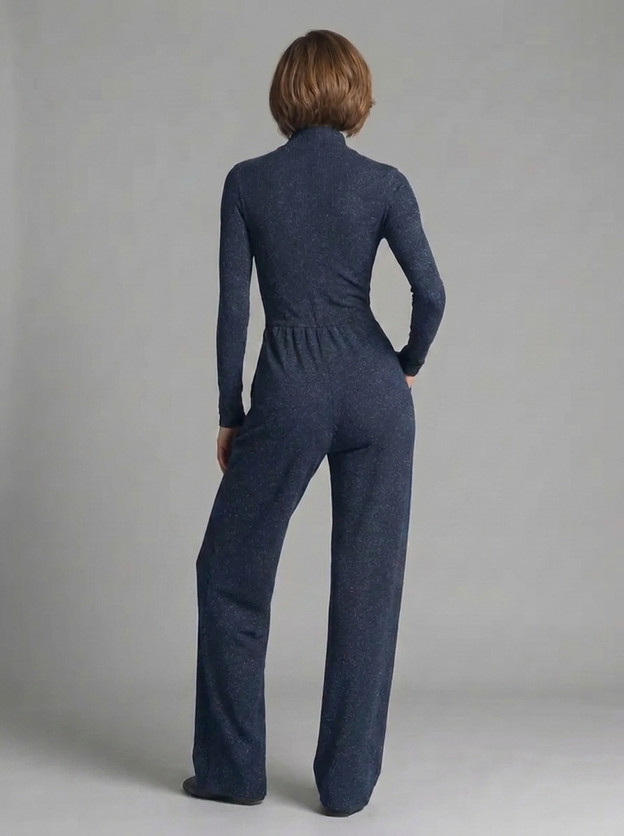 Zip Front High Neck Long Sleeve Wide Leg Jumpsuit