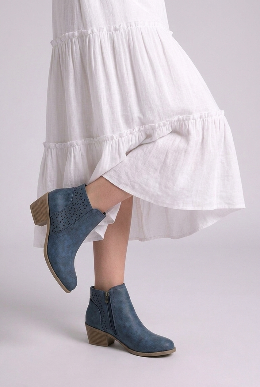 Perforated Zip Side Block Heel Ankle Boots Women
