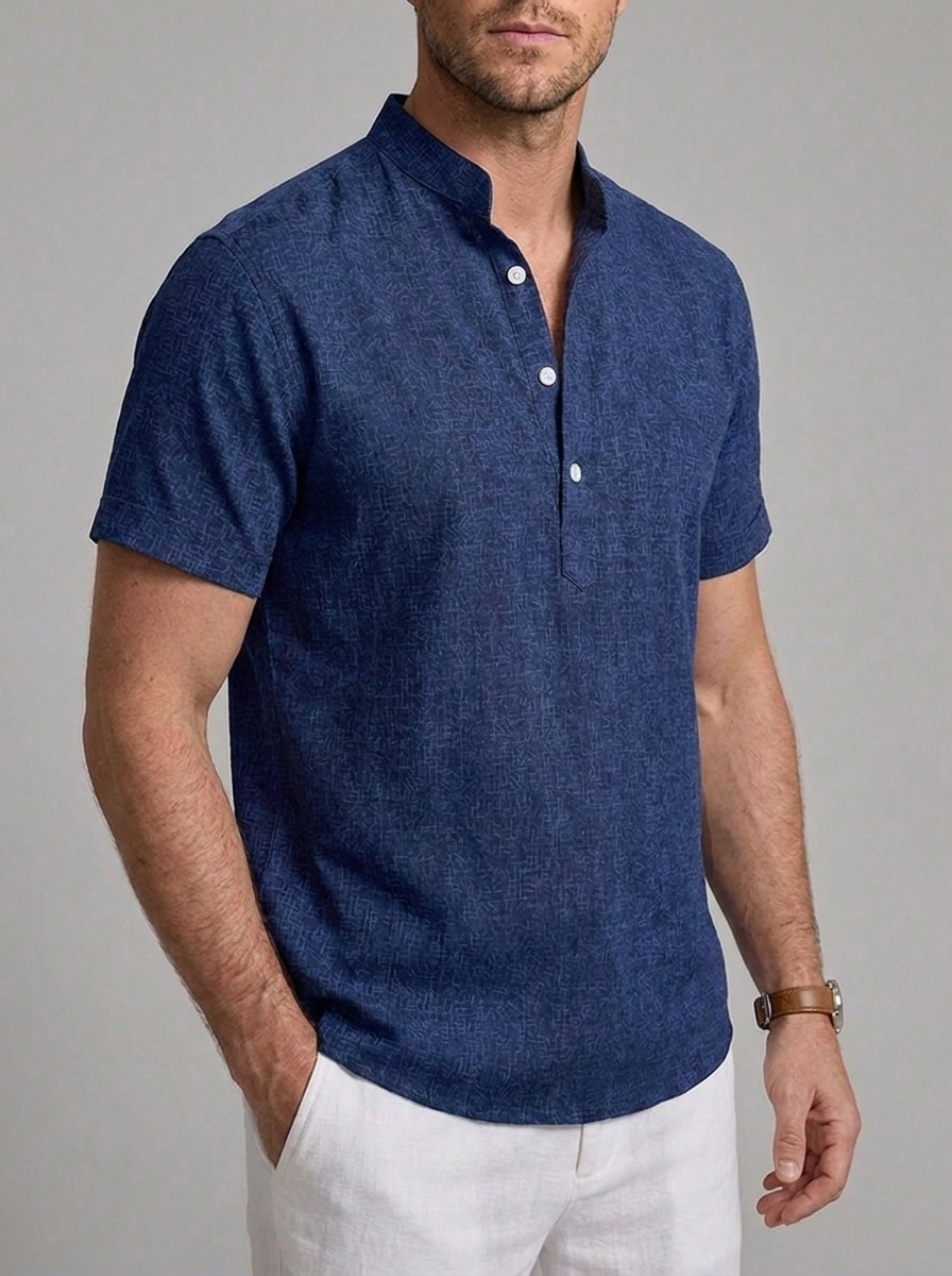 Linen Style Short Sleeve Henley Comfortable Shirt Men