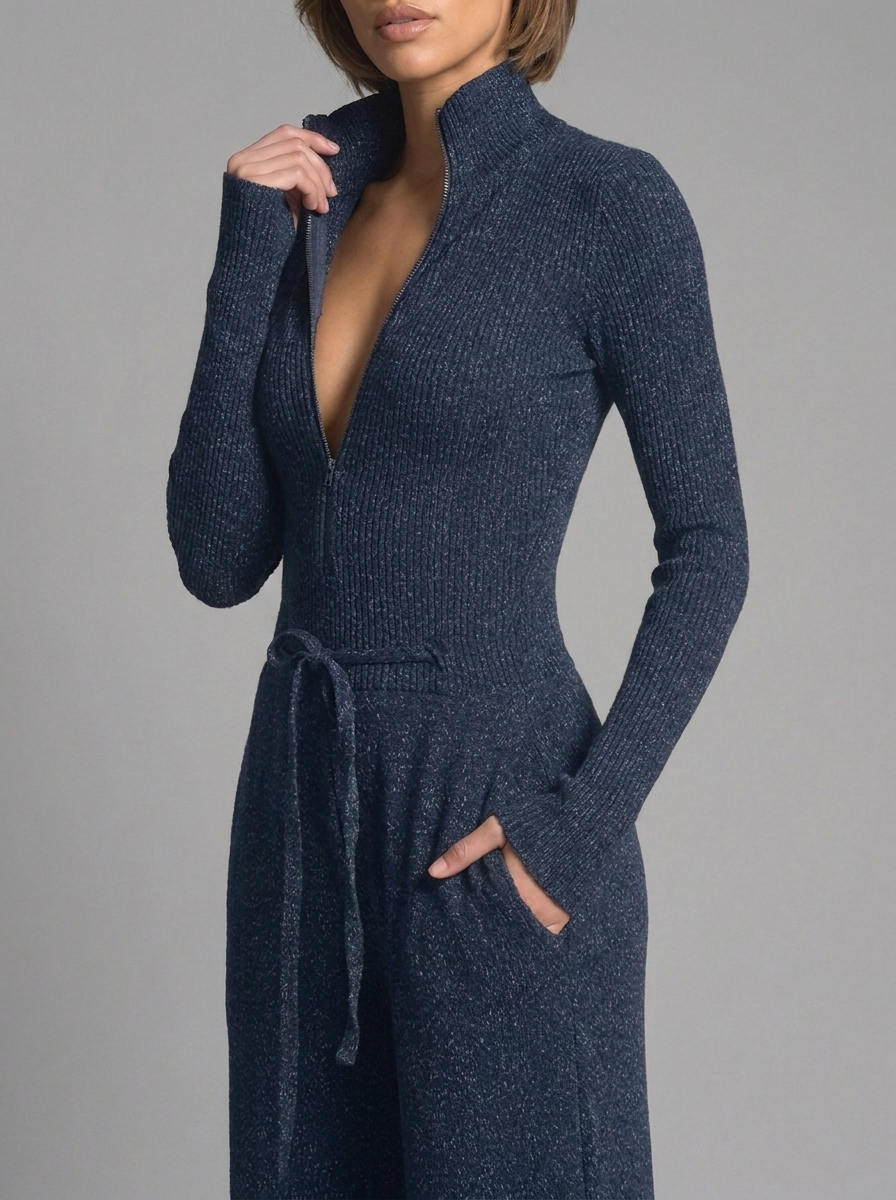 Zip Front High Neck Long Sleeve Wide Leg Jumpsuit