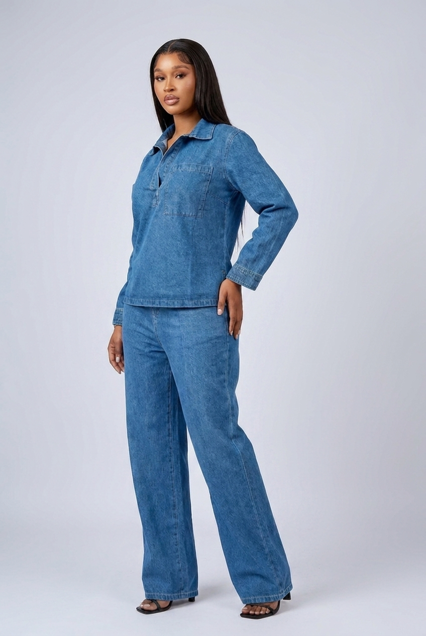 Denim Style Long Sleeve Wide Leg Co-ord Set Women