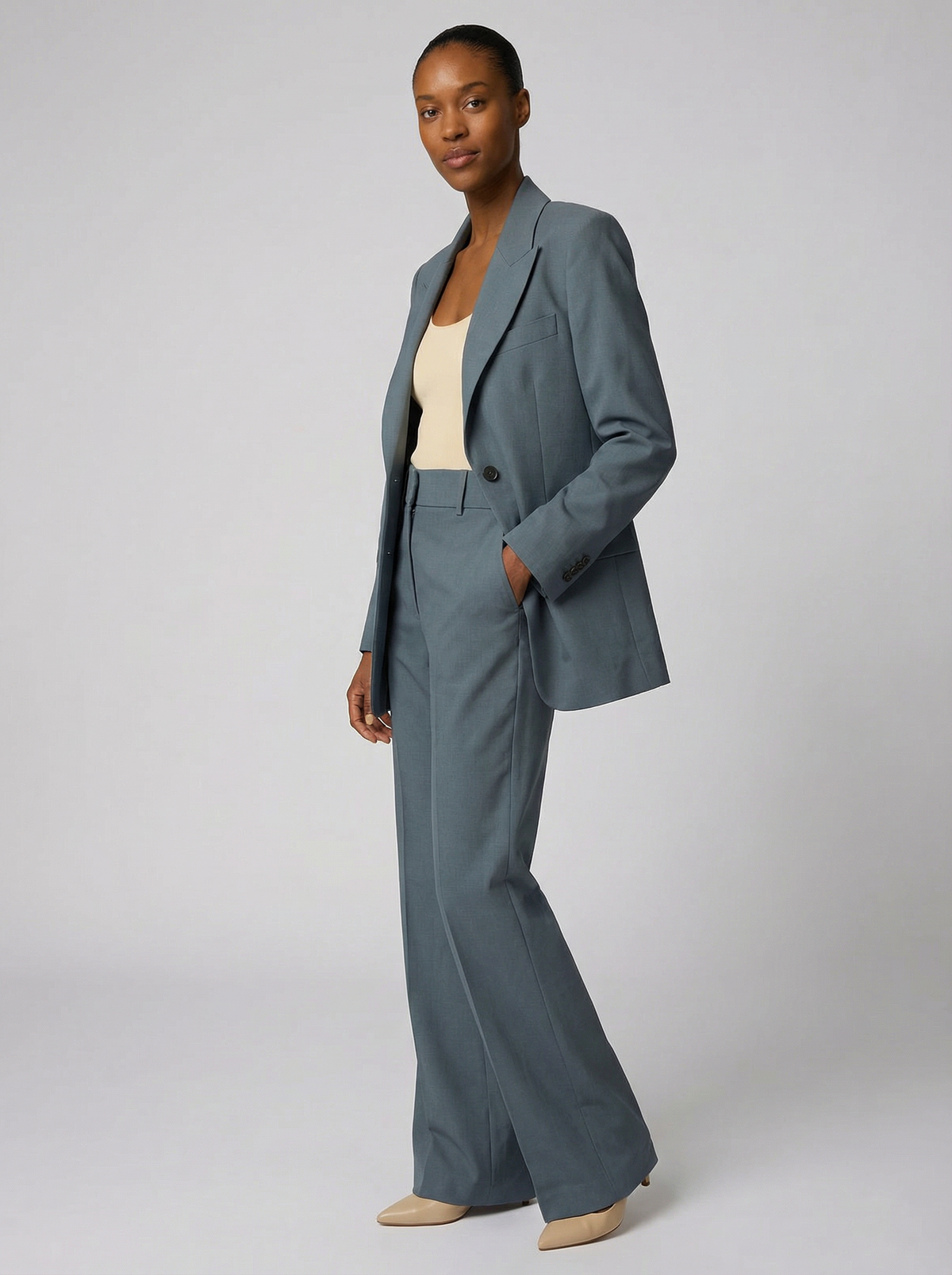 Women's Tailored Slim Blazer & Wide-Leg Trousers Two-Piece Suit