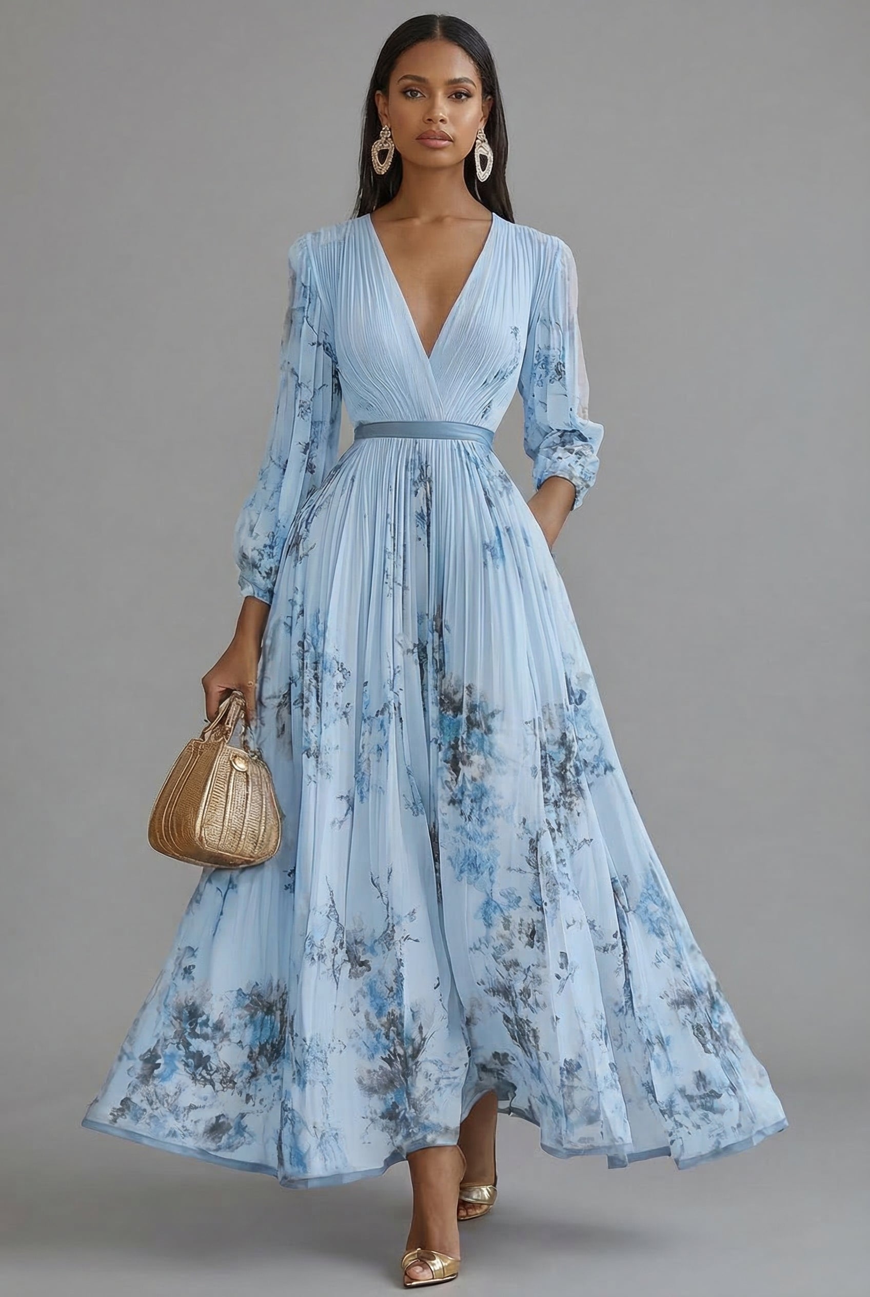 Ascot Floral V-Neck Long Sleeve Maxi Dress
