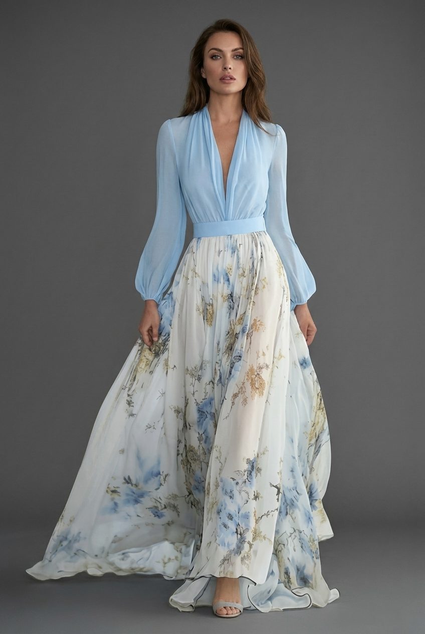 Women’s Elegant Ascot Floral Chiffon Style White Maxi Dress