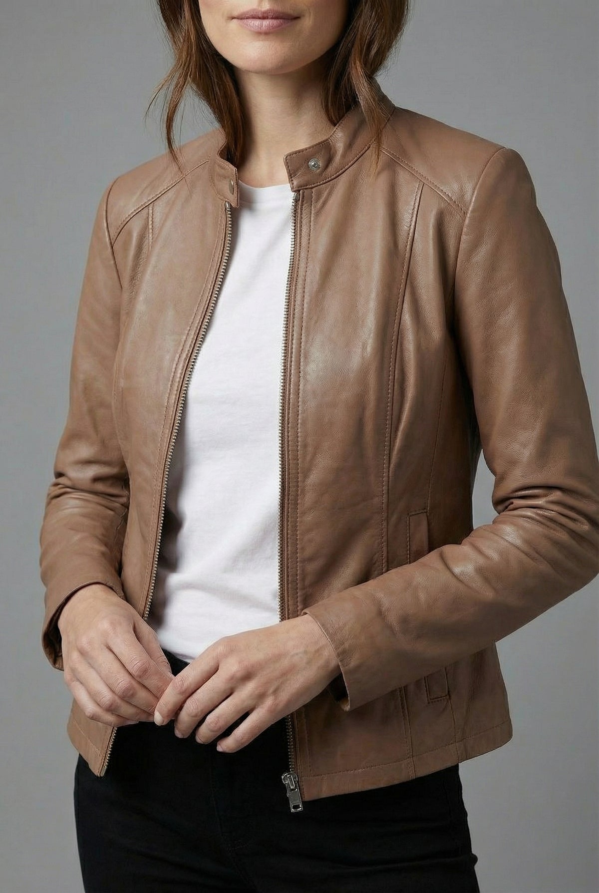 Women’s Short Leather Style Biker Jacket Zip Up Jacket