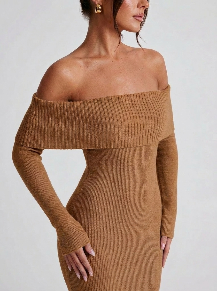 Off Shoulder Knitted Style Long Sleeve Maxi Dress