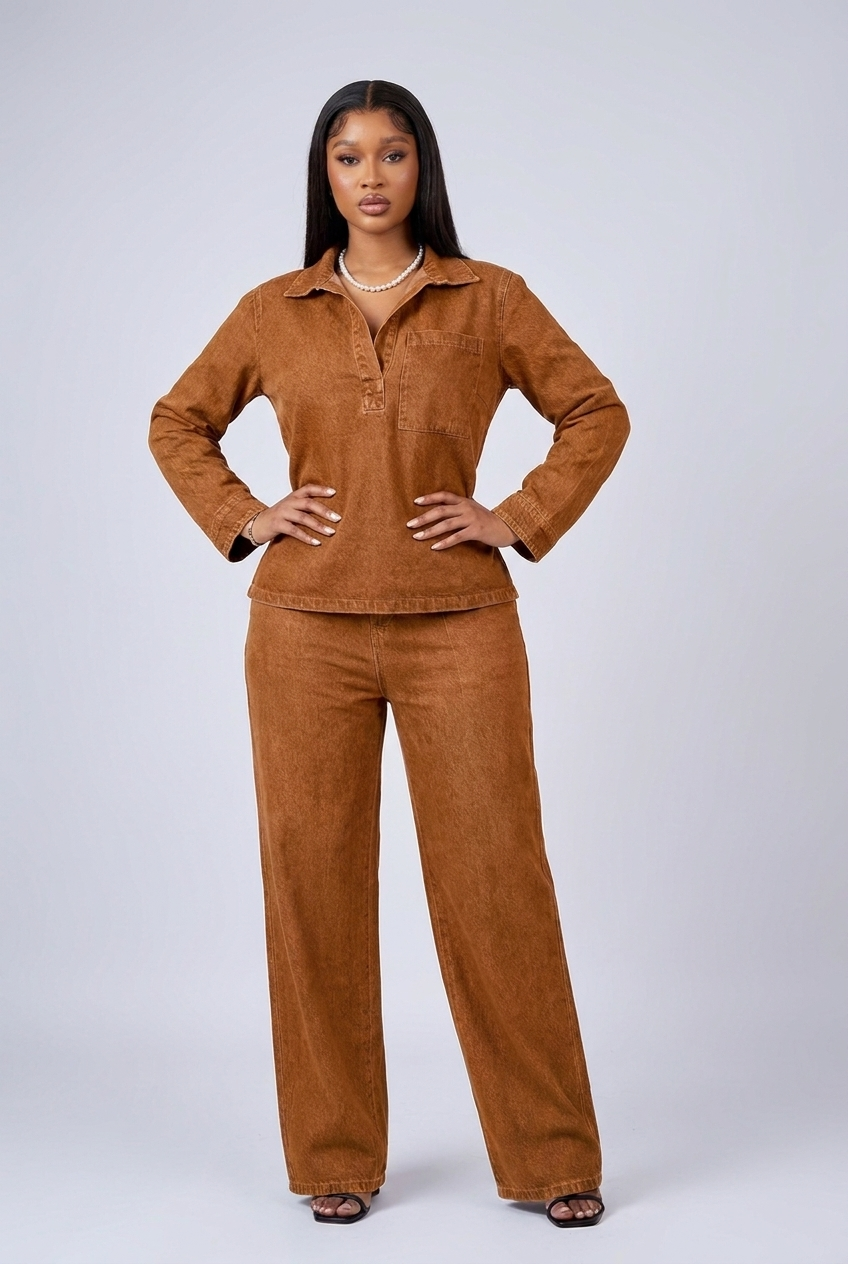 Denim Style Long Sleeve Wide Leg Co-ord Set Women