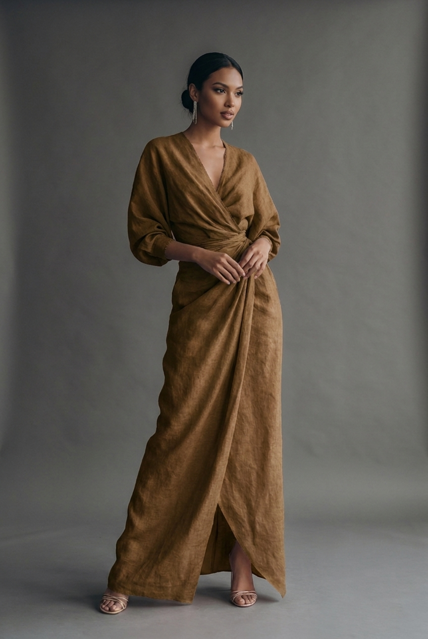 Linen Style Maxi Dress V-Neck Batwing Sleeve Twist Front Wrap