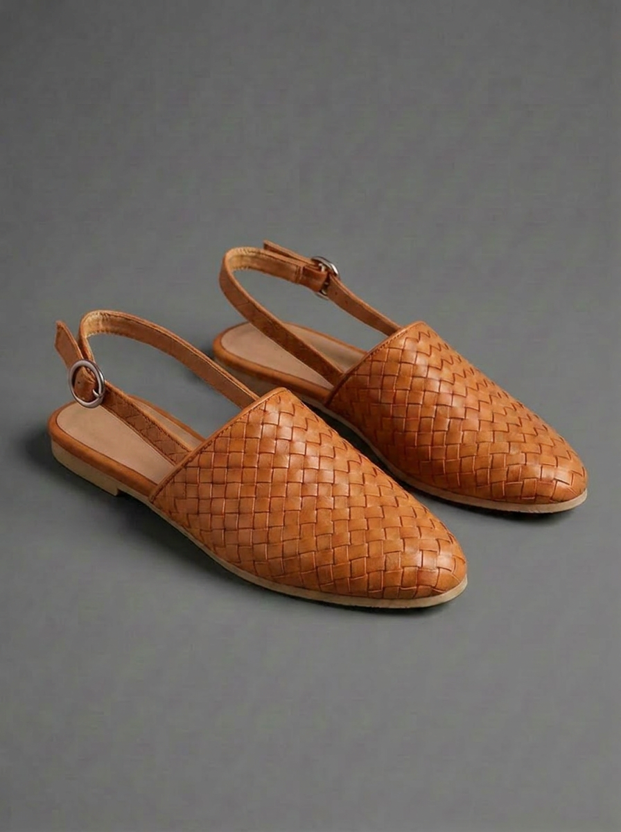 Woven Pointed Toe Leather Style Flat Mules Women