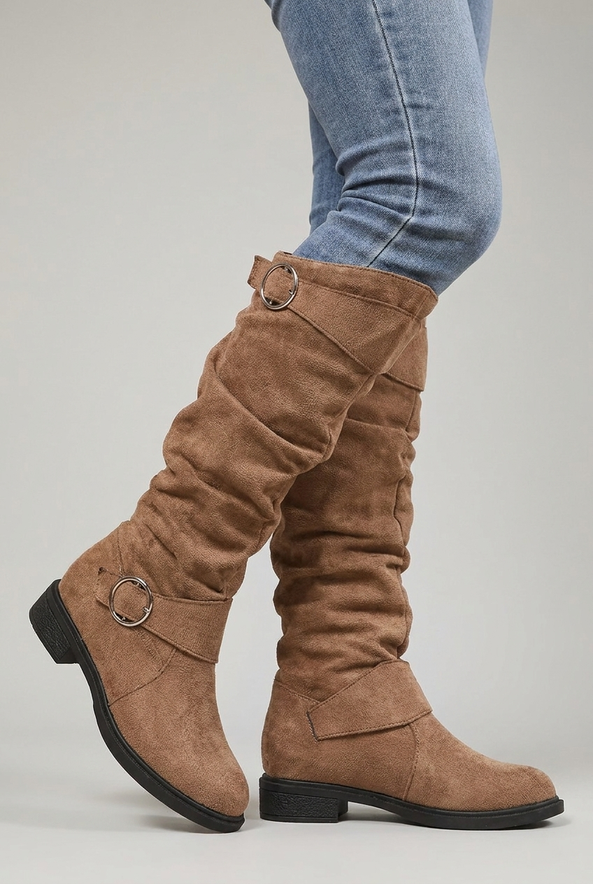 Slouchy Buckle Block Heel Knee High Boots Women