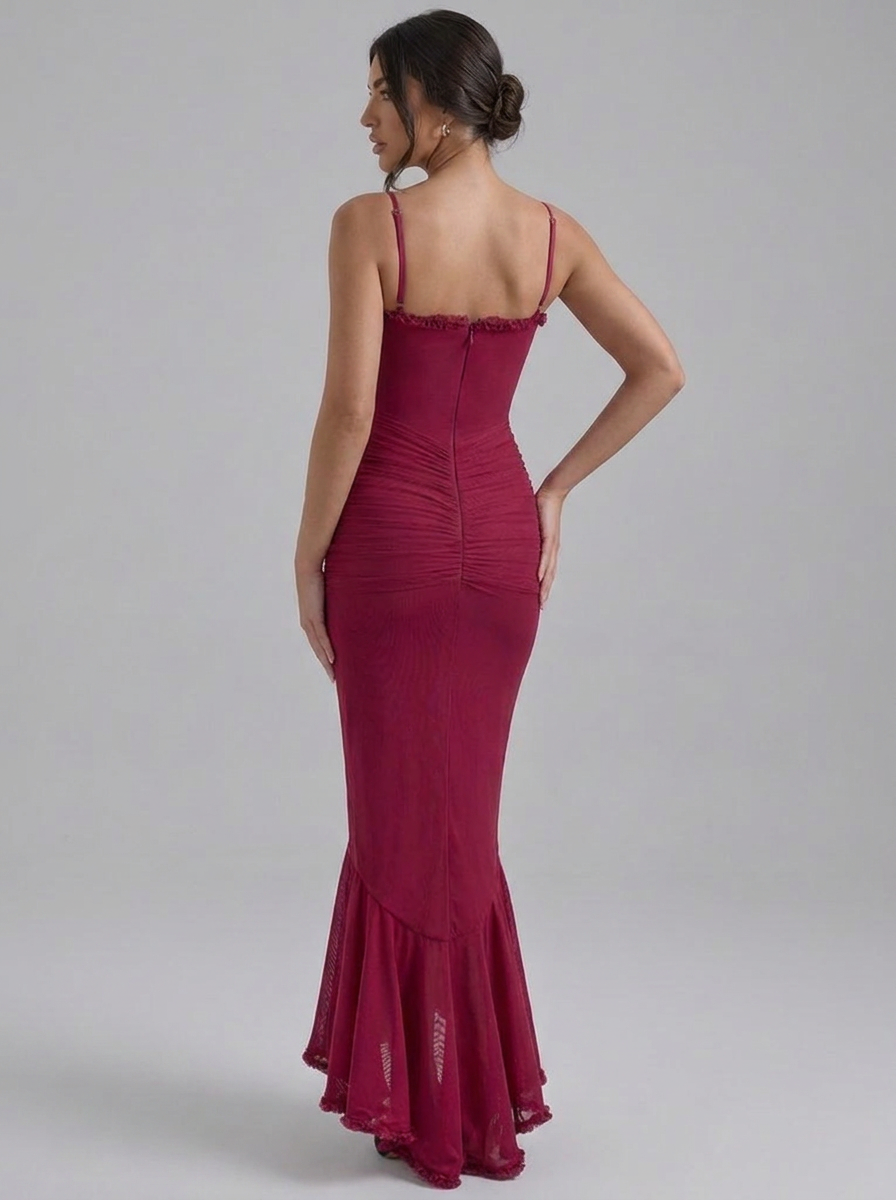 Strappy Ruched Ruffle Split Occasion Maxi Dress