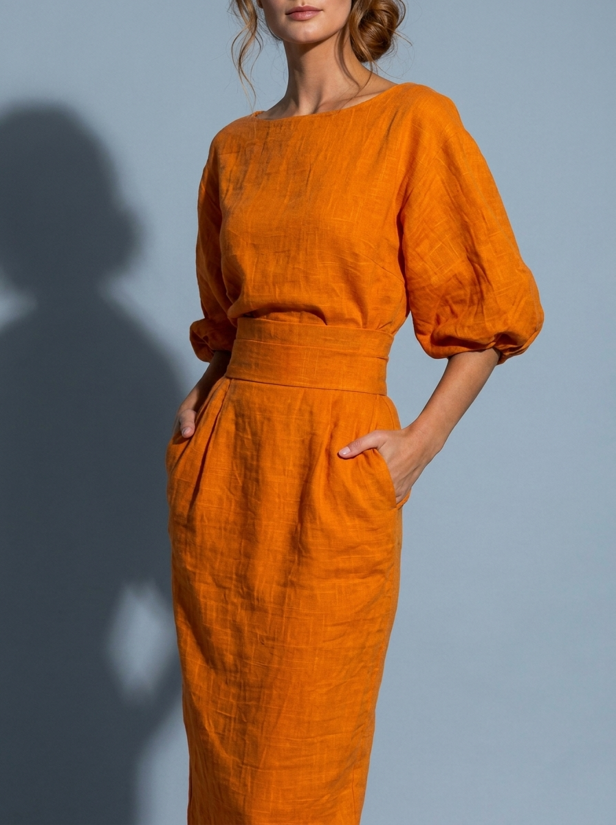 Orange Midi Dress Boat Neck Balloon Sleeve High Waist