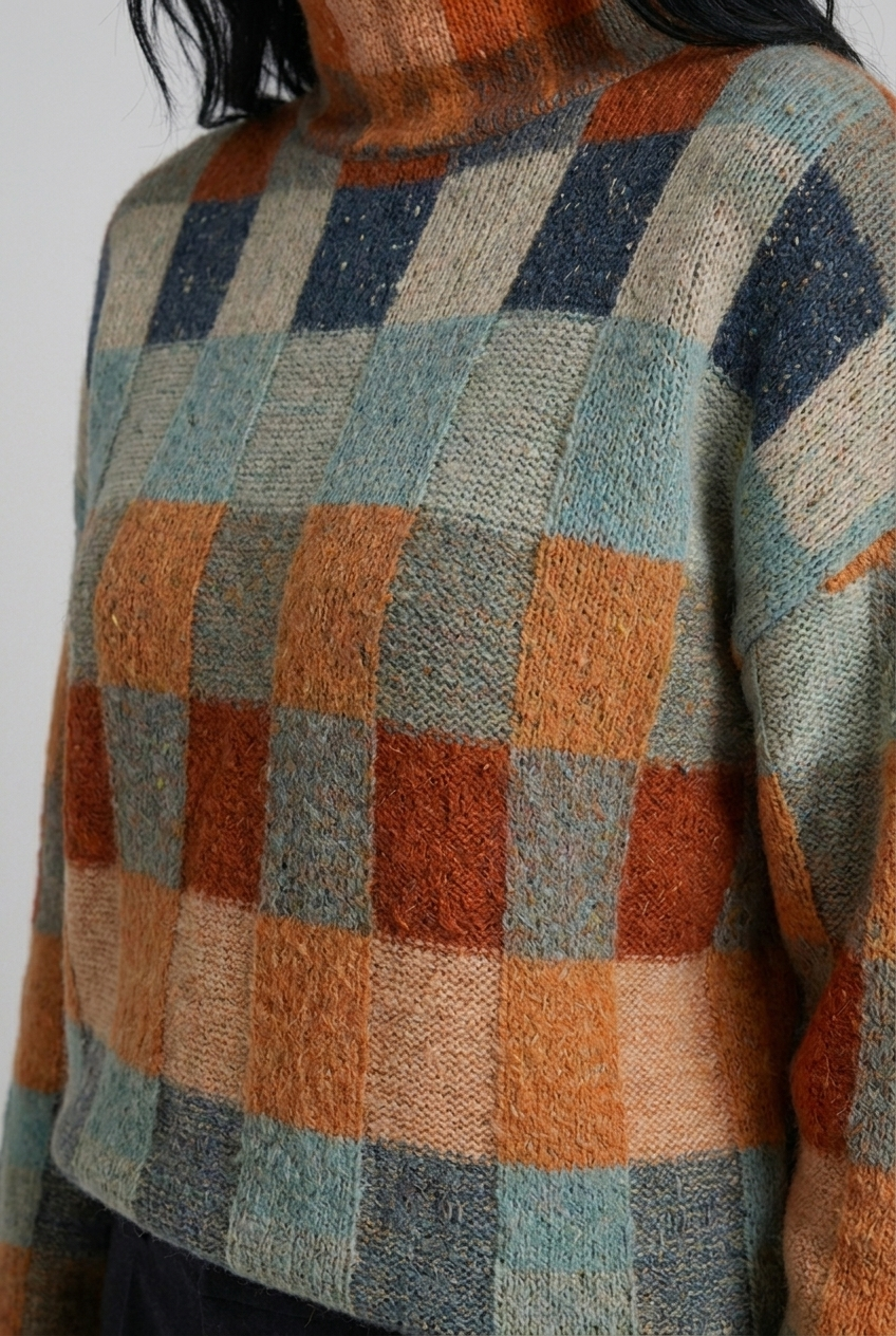 Checkered High Neck Relaxed Oversized Knit Jumper
